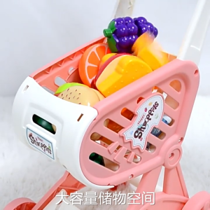 Role Play Supermarket Shopping Cart Toy Set Childrens Playhouse with Mini Fruits Vegetables Push Cart Gift