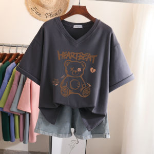 เสื้อยืดคอวีแขนสั้นผ้าฝ้ายแท้สไตล์ย้อนยุคสำหรับฤดูร้อนใหม่สำหรับผู้หญิงไซส์ใหญ่ เสื้อตัวบนแฟชั่น ลายการ์ตูน แขนสั้น คอวี