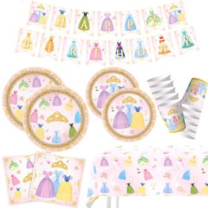 96Pcs Princess Birthday Party Decorations Pink Paper Banner Plates Napkins Cups Tablecloth Kids Girls Baby Shower Party Supplies