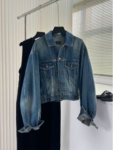 Casual Retro High Waist Adjustable Blue Jeans Cotton Short Jacket Womens Fashion Commute Style with Pockets And Decorative Stitches