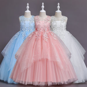 lontakids Toddler Girls Embroidery Prom Gowns Kids Luxury Wedding Birthday Party Pink Blue White Princess Long Dress