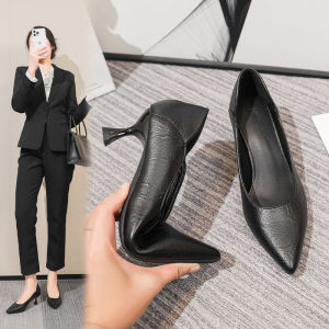 Black High Heel Work Shoes Womens Soft Leather Comfortable Long Standing No Fatigue Footwear for Office Fine Heel Single Shoes