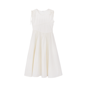 Pure Cotton Drawstring Splice Design Minimalist Comfortable Cream Apricot Dress for Girls by Mpeng Korean Style Summer Dress