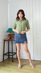 DNaRa - Fuji Kemeja Crop Top Korean Style Kemeja Wanita Lengan Panjang Bahan Stretch Adem