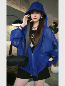 Klein Blue Lightweight Summer UV Protection Hat Coat Womens Dopaamine Style Fashionable Outerwear Loose Fit Zipper Closure