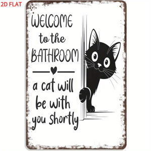 Fun Bathroom Decor - Vintage Wooden Sign "Welcome to the bathroom – a cat is about join you" with Black Cat Peeking Out Design