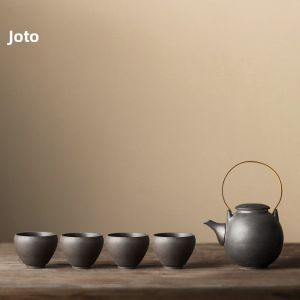 JOTO | Handmade Retro Japanese Ceramic Kung Fu Tea Set with Handle and 4 Cups