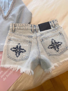 Quần Short Denim Cạp Cao Thêu Viền Ren Cho Nữ Mùa Hè Phong Cách Mới Cỡ Lớn Quần Bó Thẳng Mát Mẻ Cay Nồng Dáng Chữ a