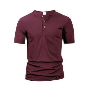 Mens Henley Neck T-shirts Summer Casual Beach Short Sleeve Solid Color Male Basic Tops Slim Fit Button Neck Vintage Streetwear