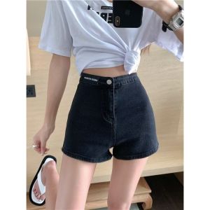 กางเกงขาสั้นผ้ายีนส์ทรงเอขาตรงสำหรับผู้หญิงในช่วงฤดูร้อน กางเกงขาสั้นทรงสลิมฟิตเอวสูงทรงตรงสำหรับใส่ลำลอง
