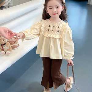 Cute Girls Long Sleeve Shirt Embroidered Spring Autumn Fashionable Childrens Clothing Cotton Blend Lightweight Polyester