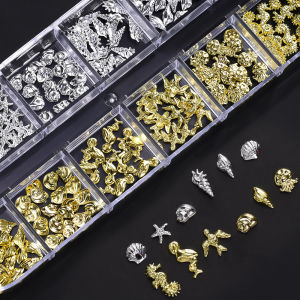 12Grids 3D Golden Silvery Ocean Nail Charms Summer Shell Starfish Conch Rivets Nail Art Decoration DIY Beach Manicure Accessory