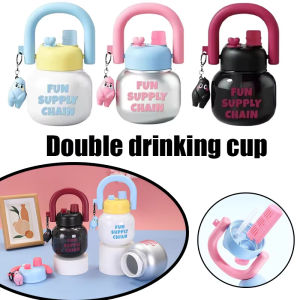 800ML Summer Straw Water Bottle with Lid Hanging Loop Large Capacity Juice Milk Cup Dual Cup Set Pearl Tea Coffee Straw Cup