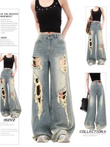 Quần Jeans Ống Rộng Phong Cách Retro MZVZ Cho Nữ Mùa Hè Quần Dài Dài Đến Sàn Ống Thẳng Ôm Dáng Quần Jeans Denim Rách