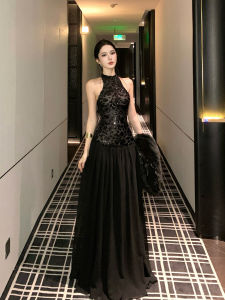 French Style Black Sequin Neck Hanging Sleeveless Backless Dress Womens Autumn High-End Feeling Ball Beautiful Evening Dress Long Dress
