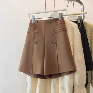 High Waist A-Line Bootcut Pants Womens Outerwear Autumn Fashion Slimming Casual Black Tweed Shorts Korean Style Commute