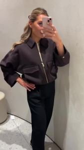 Guobioziy Womens Jacket 2026 Spring＆AutumnCollection featuring a solid-color zipper pocket design＆a French-style casual vintage