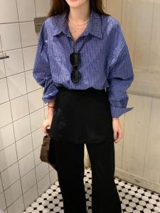Blue Plaid Long Sleeve Womens Shirt Loose Fit Korean Style Early Autumn Inner Wear Casual Versatile Shirt Coat Breathable Skin-Friendly