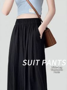 XIANYIJIAO | Black Icy-silk Light Weight Loose High-waist Wide-leg Summer Pants