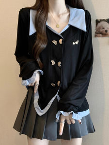 เสื้อเชิ้ตแขนยาวคอปกสีดำและสีฟ้าอ่อน ทรงหลวม แขนกระดิ่ง ทรงหลวม แฟชั่นฤดูใบไม้ร่วง สำหรับผู้หญิงไซส์ใหญ่