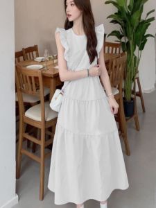 French Elegant Slimming Long Dress with Lining Small Flying Sleeve Style Women's Summer Midi Dress High Waist A-Line Skirt