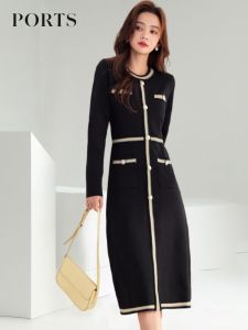 Autumn Winter Retro Knitted round Neck Dress Womens Elegant Slimming Fashionable Base Layer Skirt Wool Blend Long Sleeve Dress