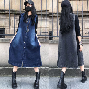 ชุดเดรสยีนส์ทรงหลวมสไตล์ยุโรปแขนกุดเอวสูงทรงเอคอตั้ง