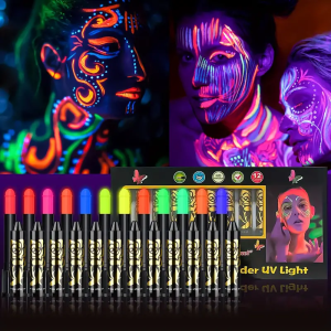 12 Pieces UV Neon Face Painting Glow in the Dark Under UV Lights Face Painting Crayon SticksMardi Gras Party Halloween Makeup\\n\\n What Are UV Glow in the Dark Face Painting Crayons?\\n\\nUV Glow in the Dark Face Painting Crayons are unique cosmetic tools designed specifically for creating eye-catching designs on the skin under UV light. These crayons come in vibrant neon colors and provide a fun and creative way to enhance your appearance during festive occasions such as Halloween and Mardi Gras parties. They are made from high-quality, non-toxic ingredients, making them safe for use on the face and body.\\n\\n Key Features & Benefits\\n\\nSome key features and benefits of UV Glow in the Dark Face Painting Crayons include:\\n\\n- **Non-Toxic**: Made from safe, non-toxic ingredients.\\n- **Water-Based**: Easy to apply and remove.\\n- **Glow Under UV Light**: Creates vibrant designs under UV light.\\n- **Hypoallergenic**: Suitable for sensitive skin.\\n\\n How They Work Under UV Light\\n\\nUV Glow in the Dark Face Painting Crayons work by absorbing ultraviolet light and then emitting visible light in response. When exposed to UV light, the crayons glow brightly, creating a striking visual effect. This makes them perfect for use at night-time events or parties with black lights.\\n\\n How to Use UV Glow in the Dark Face Painting Crayons\\n\\nUsing UV Glow in the Dark Face Painting Crayons is simple and straightforward. Follow these steps to achieve the best results:\\n\\n1. Cleanse and moisturize your face before applying the crayons.\\n2. Apply the crayons to your desired area using gentle strokes.\\n3. Allow the crayons to dry completely before exposing them to UV light.\\n4. Enjoy your glowing design under UV light!\\n\\n Tips for Achieving Best Results\\n\\nTo get the best results from your UV Glow in the Dark Face Painting Crayons, consider the following tips:\\n\\n- Practice on paper or a small area of skin first to get comfortable with the application process.\\n- Apply a thin layer of crayon for best results.\\n- Clean up any excess crayon with a damp cloth before exposing it to UV light.\\n\\n Popular Uses for UV Glow in the Dark Face Painting Crayons\\n\\nUV Glow in the Dark Face Painting Crayons are perfect for a variety of festive occasions and events. Here are some popular uses:\\n\\n Halloween & Mardi Gras Party Makeup Ideas\\n\\nThese crayons can be used to create spooky Halloween designs such as ghosts, witches, and skeletons, or festive Mardi Gras masks featuring vibrant colors and patterns. They are ideal for parties, costume contests, and other themed events.\\n\\n Other Festive Occasions & Events\\n\\nUV Glow in the Dark Face Painting Crayons can also be used at other festive occasions and events, such as birthday parties, concerts, and music festivals. They are perfect for creating unique, eye-catching designs that will stand out under UV light.\\n\\n Choosing the Right UV Glow in the Dark Face Painting Crayon Set\\n\\nWhen choosing a UV Glow in the Dark Face Painting Crayon Set, consider the following factors:\\n\\n What to Look for in a High-Quality Set\\n\\nA high-quality set will feature:\\n\\n- Non-toxic ingredients\\n- Water-based formula\\n- Hypoallergenic properties\\n- A variety of vibrant colors\\n\\n Comparing Different Brands & Options\\n\\nWhen comparing different brands and options, consider factors such as price, quality, and customer reviews. Some popular brands include Mehron, Ben Nye, and Face Paint by L.O.C.\\n\\n Conclusion & Final Thoughts\\n\\nUV Glow in the Dark Face Painting Crayons offer a fun and creative way to enhance your appearance during festive occasions and events. With their vibrant colors and unique glow under UV light, they are perfect for Halloween and Mardi Gras party makeup, as well as other festive occasions and events. When choosing a set, look for non-toxic ingredients, water-based formulas, and hypoallergenic properties. Try UV Glow in the Dark Face Painting Crayons today and unleash your creativity!\n}