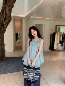 GUZILIAN | French Vintage Strap Vest Women Summer Loose Sleeveless Doll Shirt Top Outerwear High Waist Slim Wide Leg Pants
