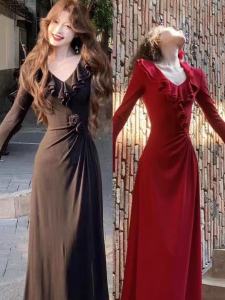 Gaun Temperamen Pranciss Lengan Panjang Berumbai Super Cantik || Gaun Mewah Panjang Pinggang Ramping - G061