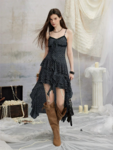 Unifree | Leopard Print Chiffon Irregular Lace Splicing Summer Dress