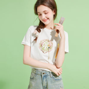 New Chinese Style National Trend Nail Bead Printing Short Sleeve Womens T-shirt Design Sensation Unique Exquisite Small Top