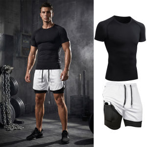 Mens 2 Piece Set Gym Athletic Workout Running Sportswear Short Sleeve Compression Shirt T-shirt 2 in 1 Shorts with Phone Pocket