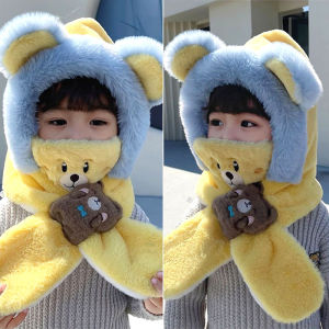 Winter Children One Piece Scarf Hat+Mask Cute Cartoon Baby Ear Protection Cap 1-6year Kids Plush Cross Neckerchief Warm Beanies