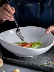 Large Size Ceramic Salad Bowl Creative Japanese Style Vegetable Fruit Bowl Asymmetric Shape Pure White Home Use Diningware