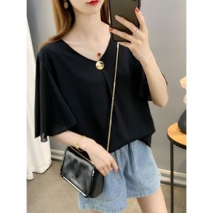 Slimming Design Summer New Loose Large Size Womens Short Sleeve Thin Chiffon Top Belly Covering Fashionable Versatile Style