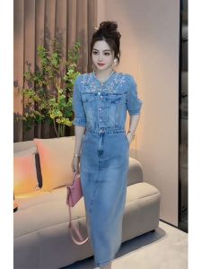 Chic Blue Denim round Neck Waist-Cinching Dress Womens Fashionable Summer New Style A-Line Skirt Short Sleeve Long Dress