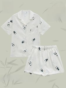 Miiow | MiiOW Ice Silk Sleepwear Short Sleeve Womens Home Clothes Cartoon Panda Design Summer Lightweight Comfortable Polyester Blend