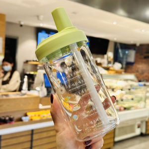 High Temperature Resistant Glass Water Cup Womens Portable Large Diameter Straw Cup Student Home Use Beautiful Appearance