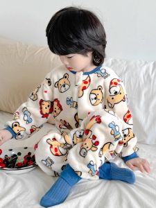 Cartoon Coral Fleece Flannel Sleep Bag for Boys And Girls Baby Home Clothes Anti-Cold Onesie Pajamas Long Sleeve round Neck