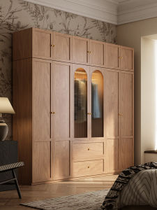 Scandinavian Vertical Hinged Door Wardrobe For Home Bedroom Modern Minimalist Small Apartment Walnut Color Antique Style Lockers with Glass Door