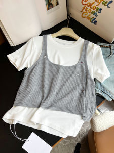 Áo thun AMILUCK dệt kim cổ tròn tay ngắn dáng rộng cotton thoáng khí cho nữ