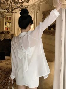 Sun Protection Butterfly Knot Hollow out Back Shirt Thin Fashion Summer Casual Sweet Style Womens Outerwear Long Sleeve Polo Collar