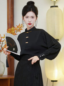 เสื้อเชิ้ตคอตั้งแขนยาวสีดำสไตล์จีนใหม่สำหรับผู้หญิง ชุดฮันฟูโบราณ ชุดทำงานสไตล์ย้อนยุค ชุดทำงานฤดูใบไม้ร่วง