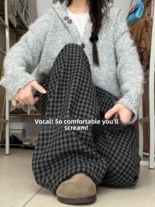 YAYANGREN | Black Plaid Pants for Women Fall Winter Loose Comfortable Petite Woolen Wide Leg Pants
