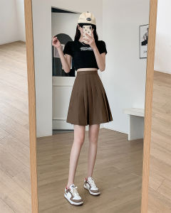 Spring Summer Brown Extended A-Line Pleated Skirt Women Tall plus Size Mid-Length Large Size Elastic Waist Half Body Short Skirt