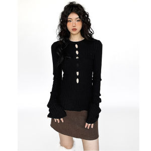 Retro American Cool เซ็กซี่ Hollow Out เสื้อสเวตเตอร์ถัก ผู้หญิง ดีไซน์ Sensation สลิมฟิต สวมใส่ด้านในด้วย เสื้อโค้ท เสื้อท่อนบน สีสัน สีดำ