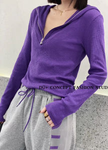 European Station New Fall and Winter New Arrival Slim-Fit Hood Knitwear Sweater Womens Bottoming Shirt Thin Tops Purple Hat