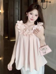 GUZILIAN | Áo vest không tay họa tiết hoa Pháp thanh lịch Áo chui đầu dài thường ngày mùa hè 2025 Áo sơ mi rộng rãi thoải mái màu nhẹ đa năng