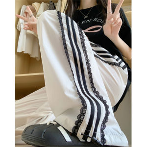 High Waist Loose Fit Drawstring Sporty Casual Pants Womens Summer Thin Lace Trim Patchwork Wide Leg Commute Style Trousers